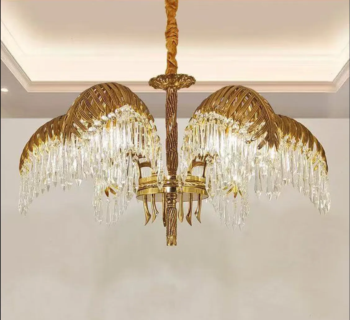 Brass Palm Leaf Crystal Chandelier Light