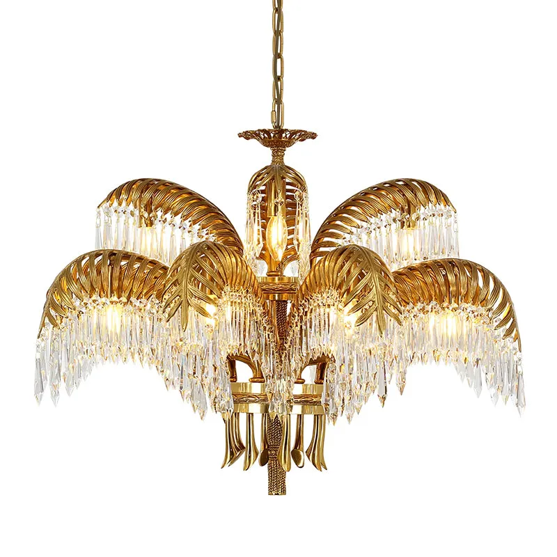 Brass Palm Leaf Crystal Chandelier Light