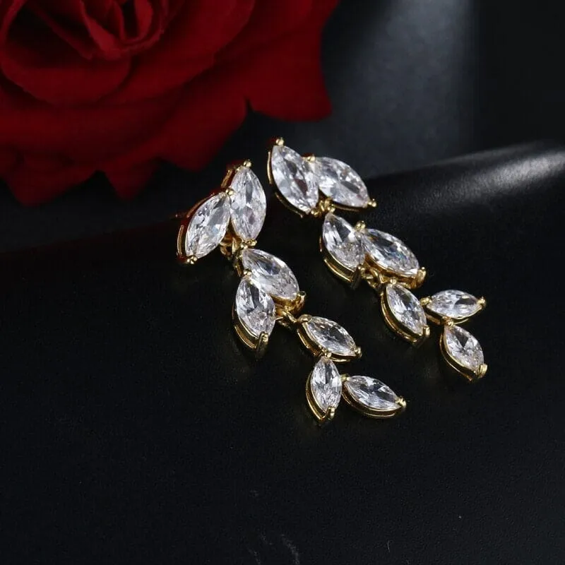 Bridesmaid Crystal Leaf Earrings, Wedding CZ Diamond Dangle Studs, 14K Gold Plated Stud Earrings, Bridal Fashion Earrings