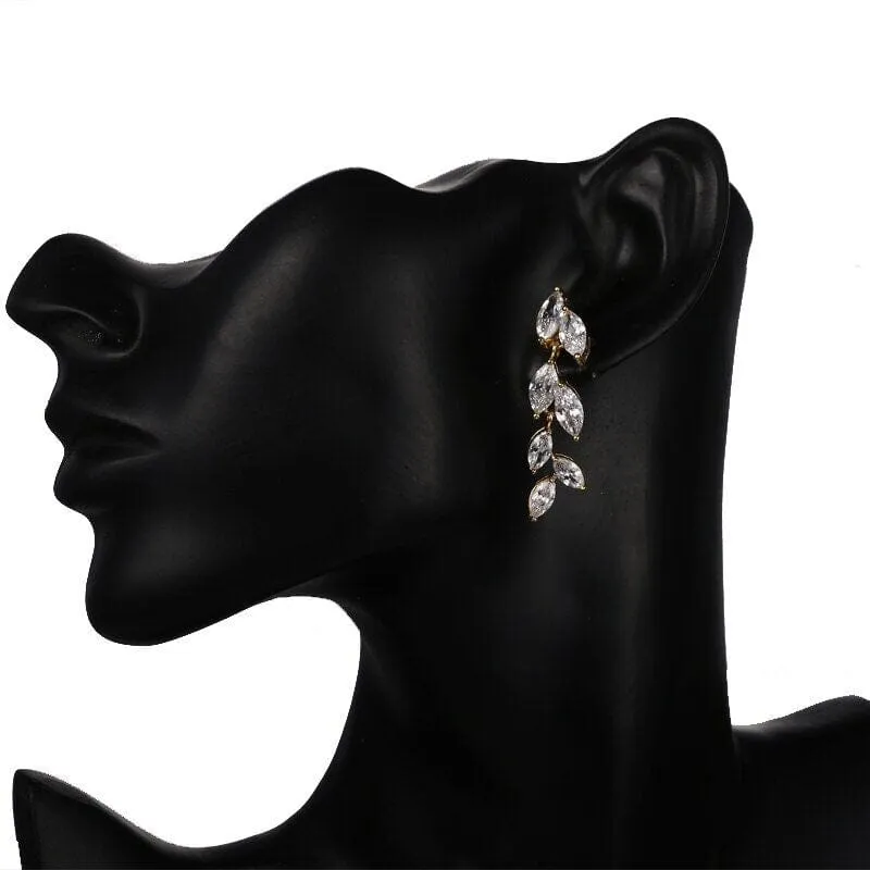 Bridesmaid Crystal Leaf Earrings, Wedding CZ Diamond Dangle Studs, 14K Gold Plated Stud Earrings, Bridal Fashion Earrings