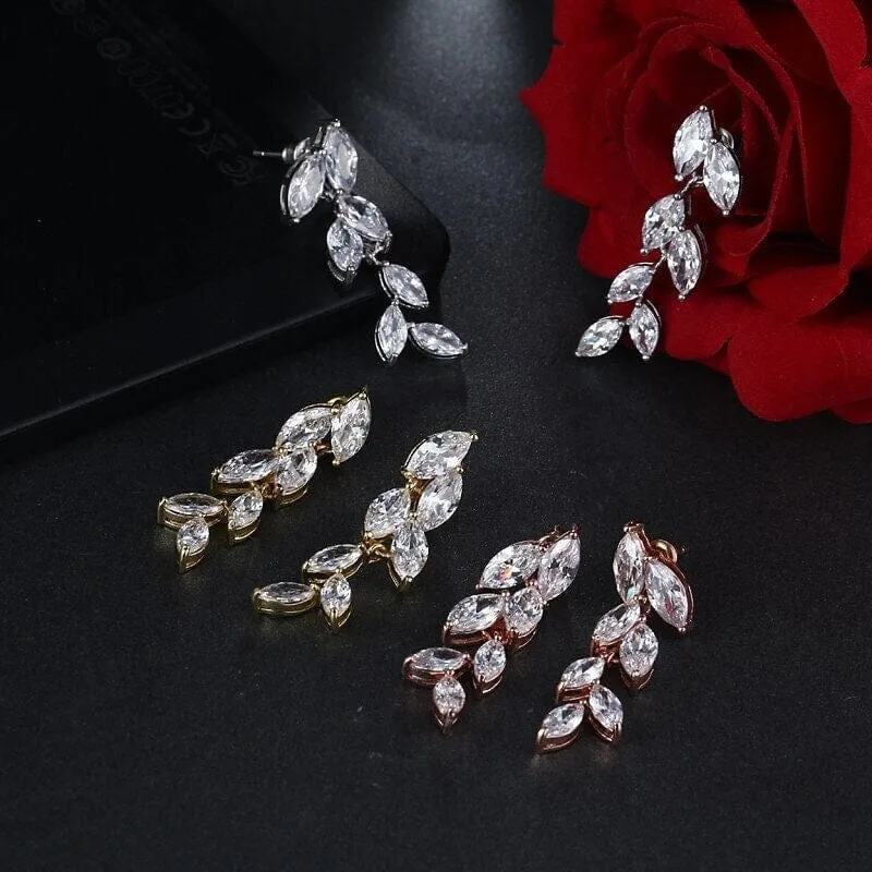 Bridesmaid Crystal Leaf Earrings, Wedding CZ Diamond Dangle Studs, 14K Gold Plated Stud Earrings, Bridal Fashion Earrings