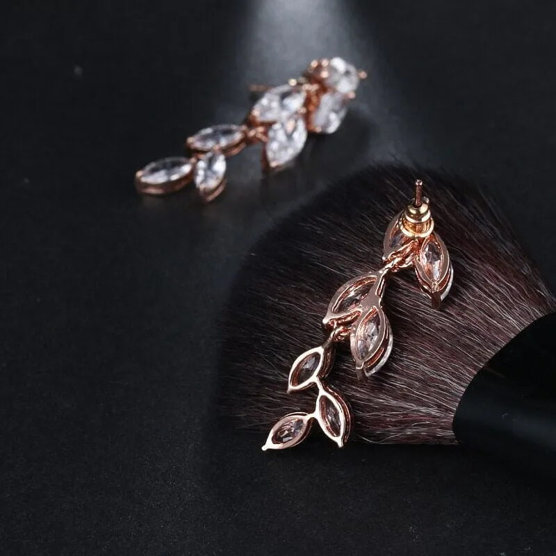 Bridesmaid Crystal Leaf Earrings, Wedding CZ Diamond Dangle Studs, 14K Gold Plated Stud Earrings, Bridal Fashion Earrings