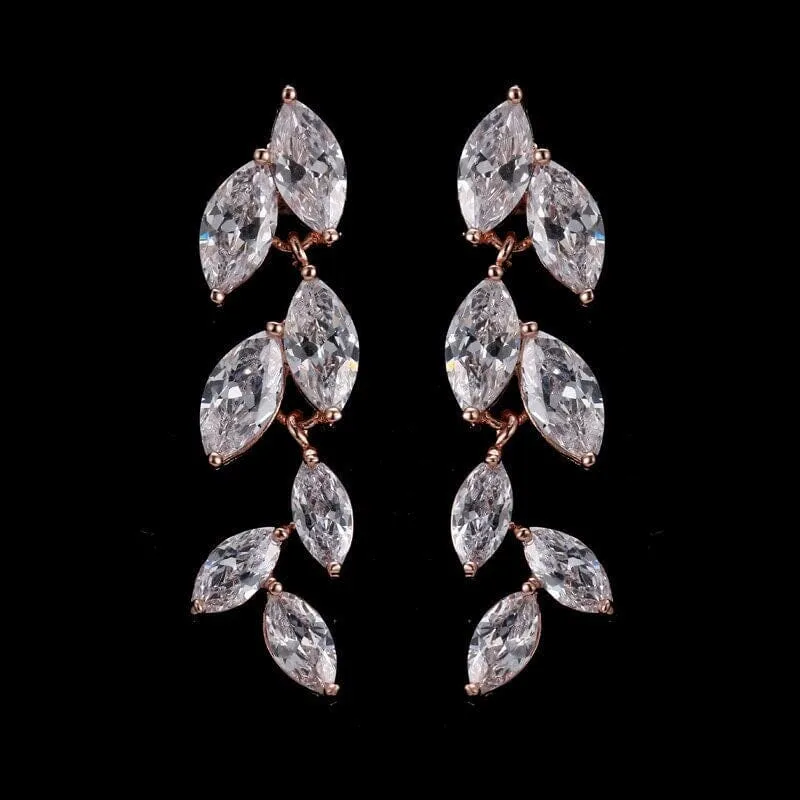Bridesmaid Crystal Leaf Earrings, Wedding CZ Diamond Dangle Studs, 14K Gold Plated Stud Earrings, Bridal Fashion Earrings