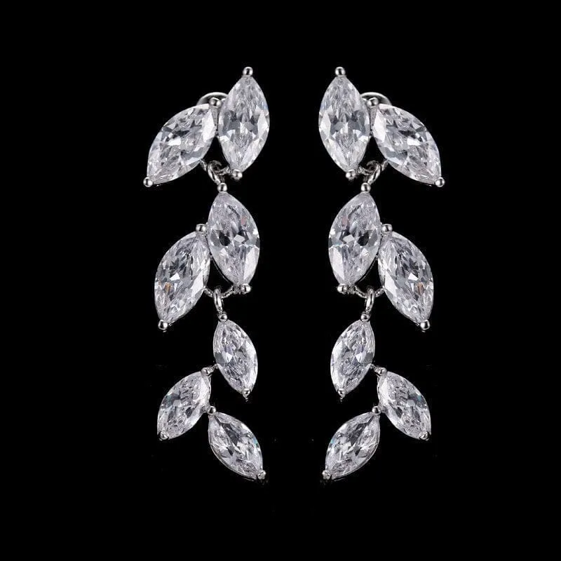 Bridesmaid Crystal Leaf Earrings, Wedding CZ Diamond Dangle Studs, 14K Gold Plated Stud Earrings, Bridal Fashion Earrings