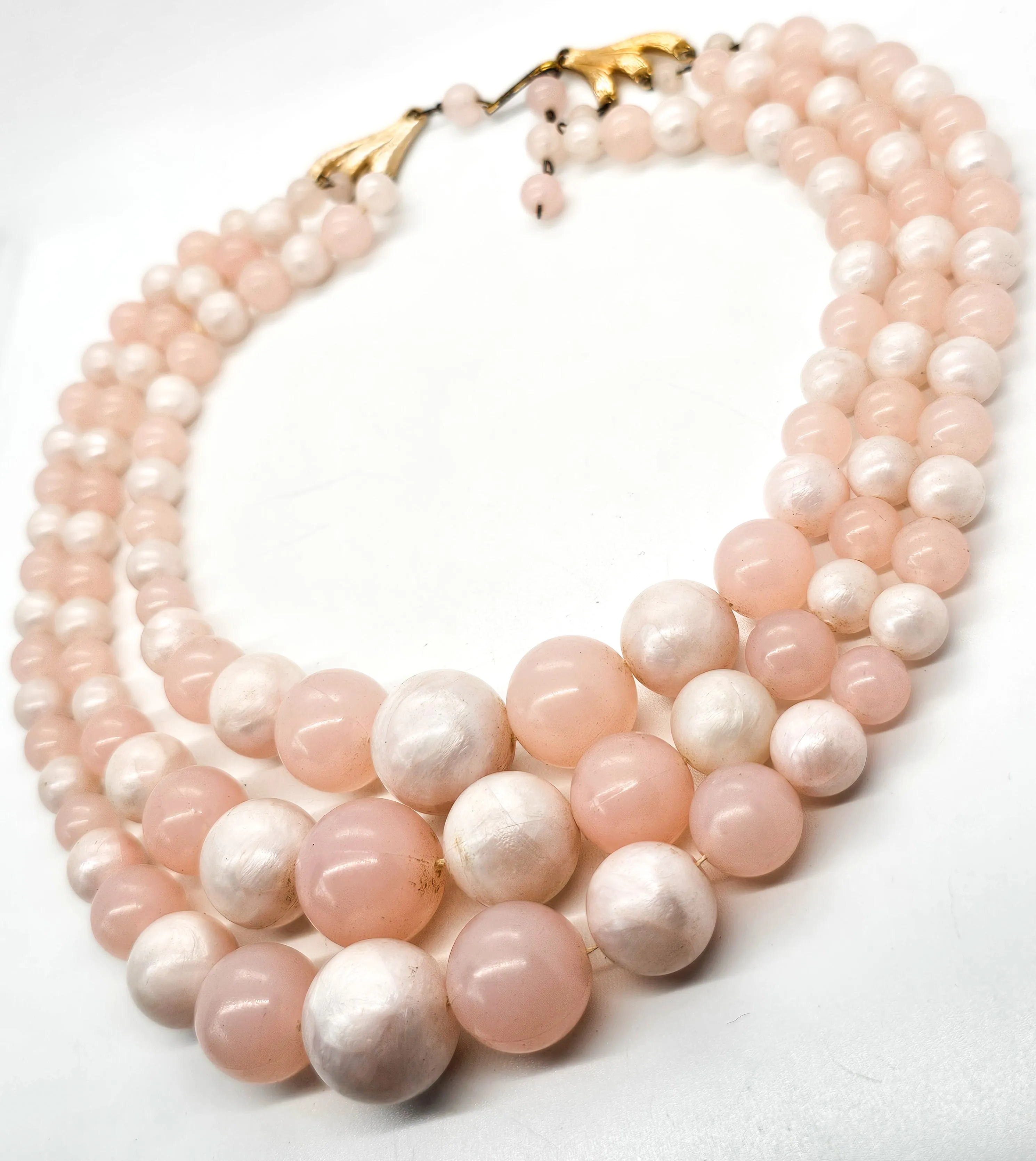 Bubble Gum Pink Lucite three strand vintage beaded German mid century necklace