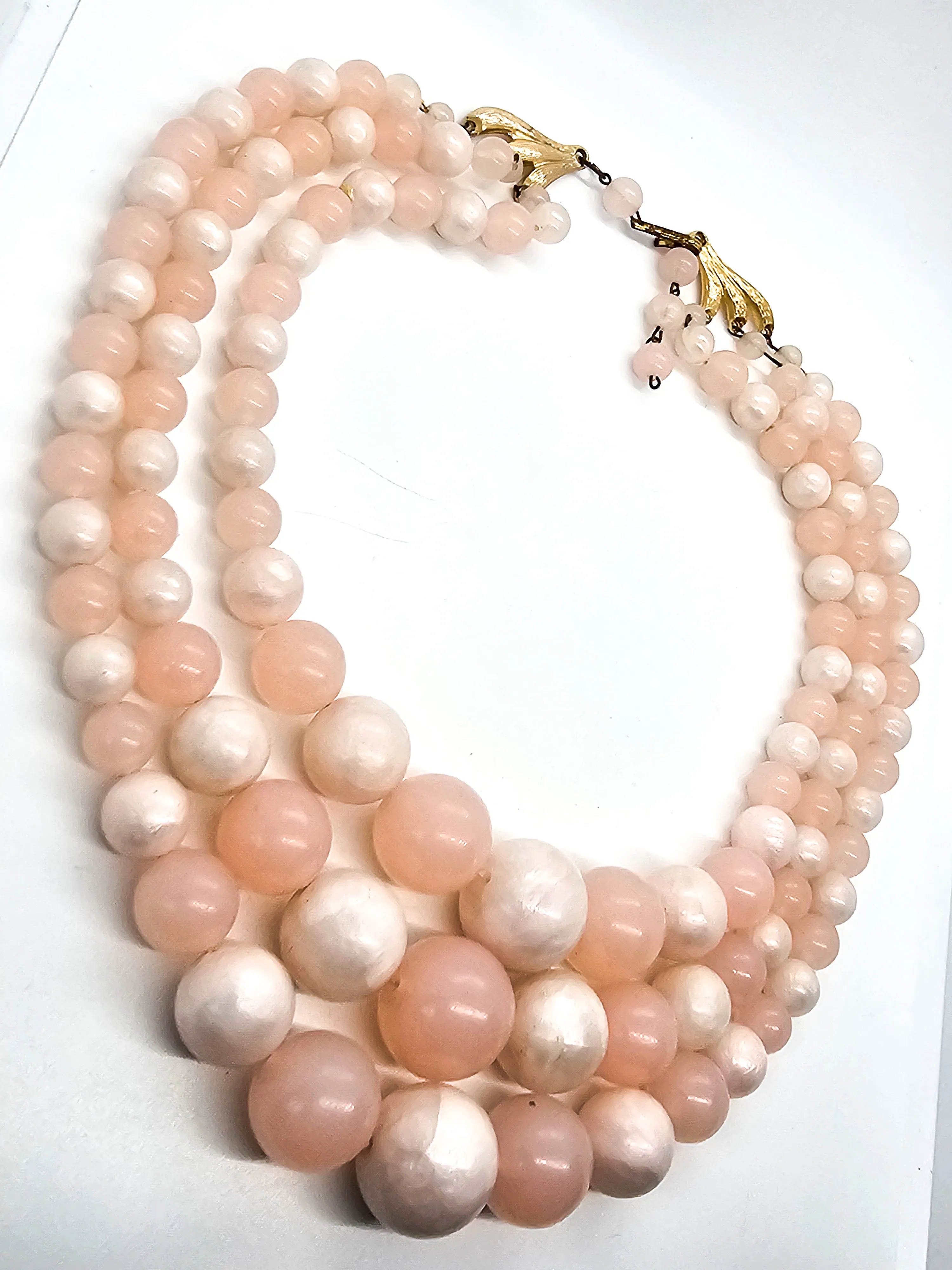 Bubble Gum Pink Lucite three strand vintage beaded German mid century necklace