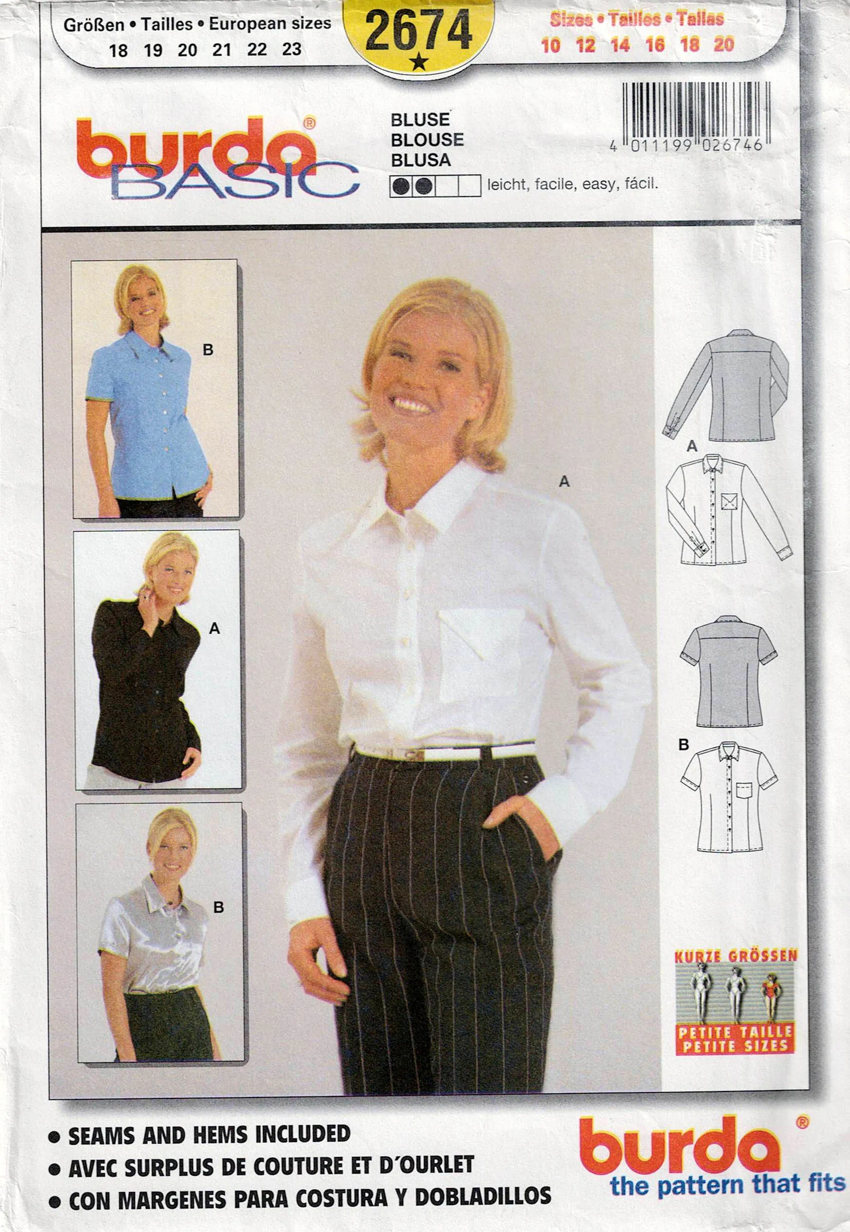 Burda 2674 Womens Classic Button Front Shirt/Blouse Out Of Print Sewing Pattern Sizes 10 - 20 UNCUT Factory Folded