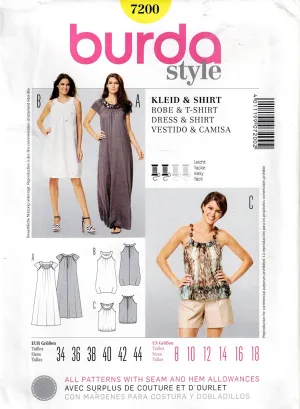Burda 7200 Womens Round Yoked Raglan Sleeved Dress or Top Out Of Print Sewing Pattern Sizes 8 - 18 UNCUT Factory Folded