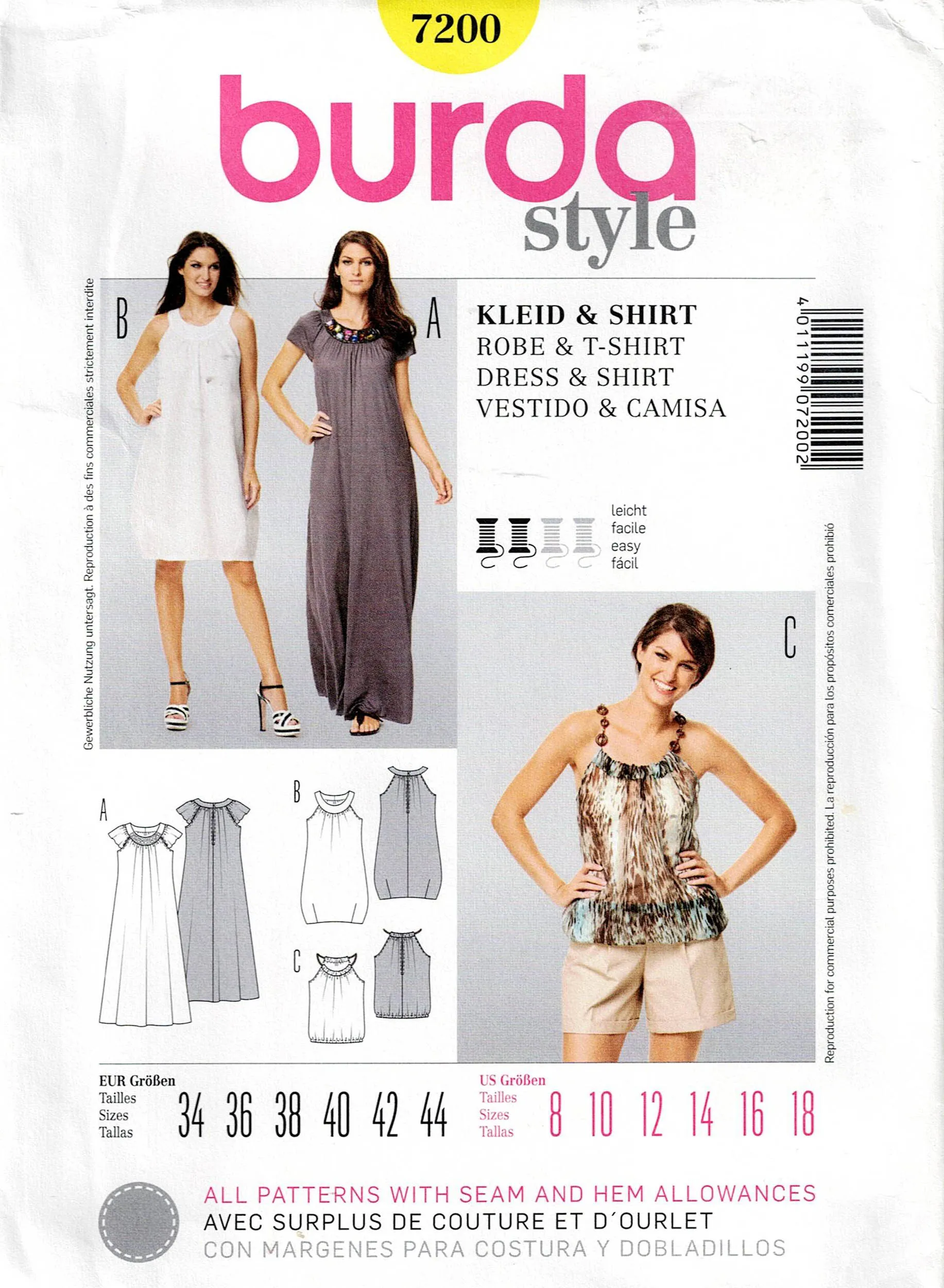 Burda 7200 Womens Round Yoked Raglan Sleeved Dress or Top Out Of Print Sewing Pattern Sizes 8 - 18 UNCUT Factory Folded