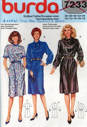 Burda 7233 Womens EASY Blouson Dress with Pockets 1980s Vintage Sewing Pattern Sizes 10 - 18 UNCUT Factory Folded
