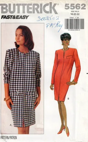 Butterick 5562 Womens FAST & EASY Slim Zip Front Dress 1990s Vintage Sewing Pattern Size 18 - 22 UNCUT Factory Folded
