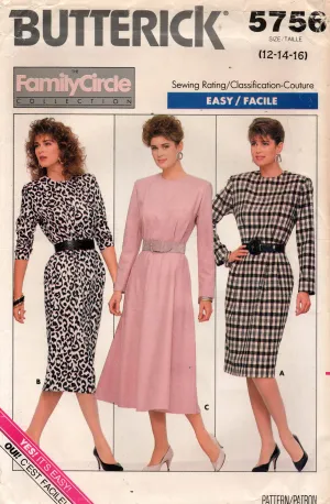 Butterick 5756 Womens EASY Dress with Slim or Full Skirt 1980s Vintage Sewing Pattern Size 12 - 16 UNCUT Factory Folded