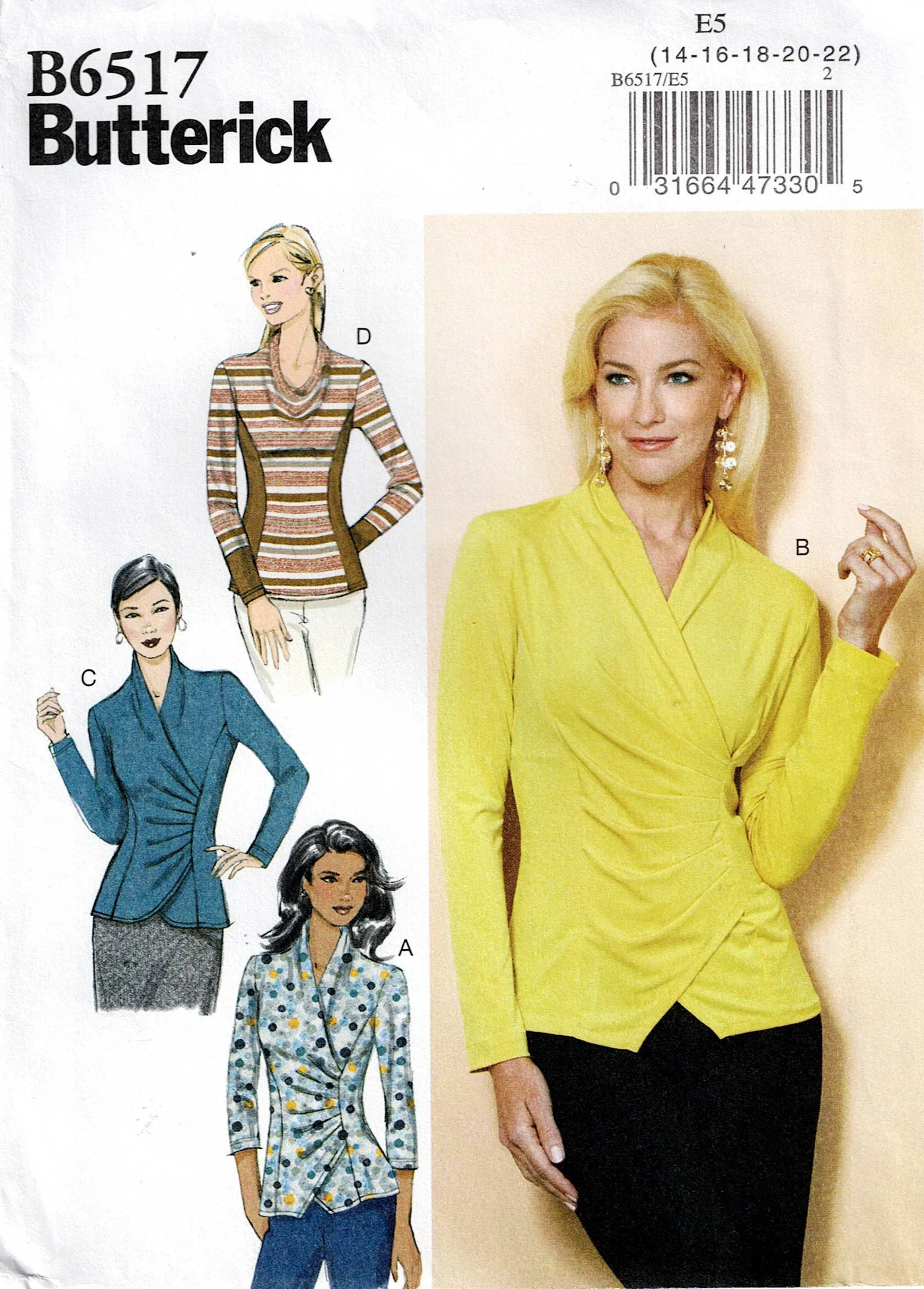 Butterick 6517 Womens Stretch Pullover Princess Tops Sewing Pattern Sizes 14 - 22 UNCUT Factory Folded