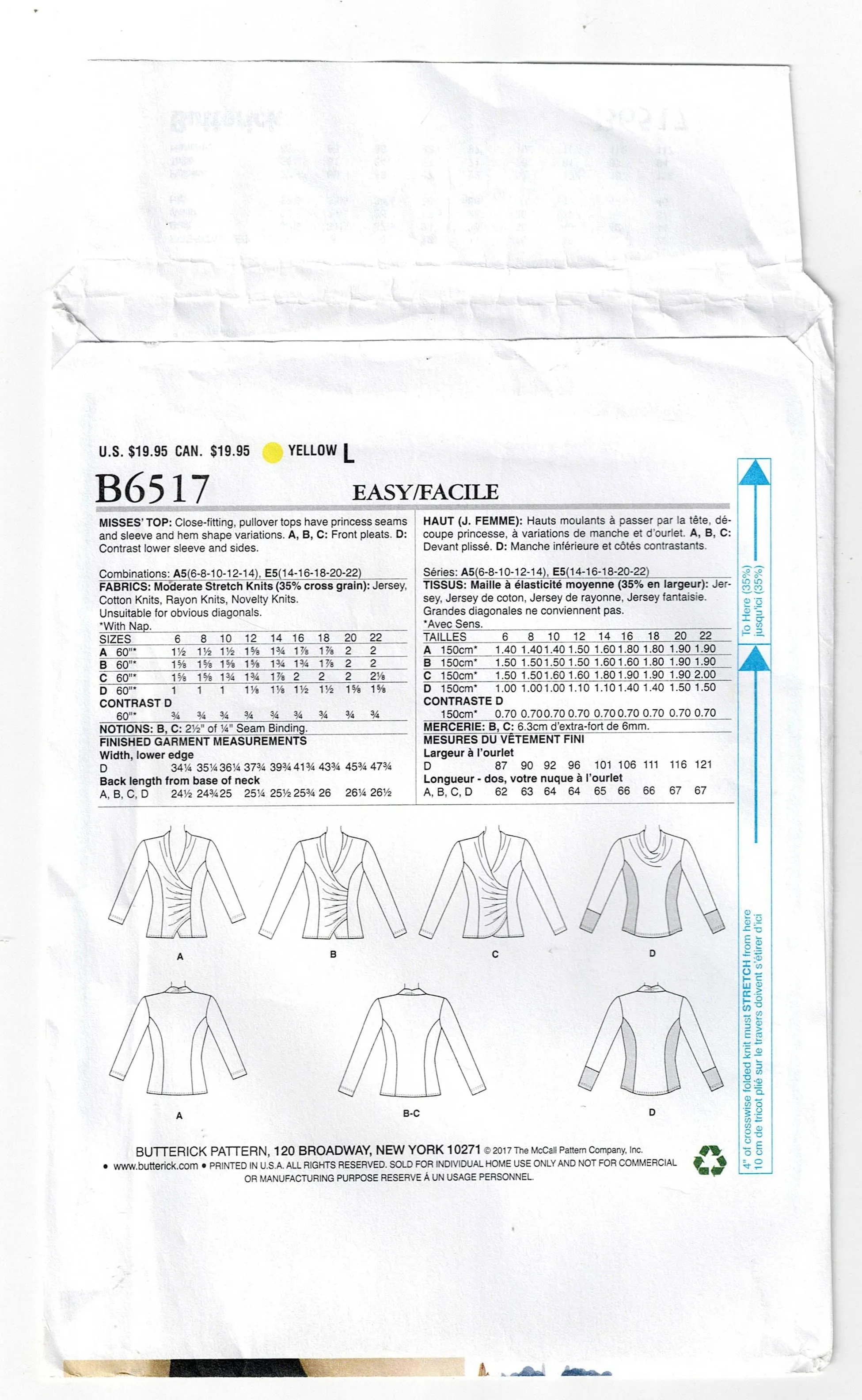 Butterick 6517 Womens Stretch Pullover Princess Tops Sewing Pattern Sizes 14 - 22 UNCUT Factory Folded