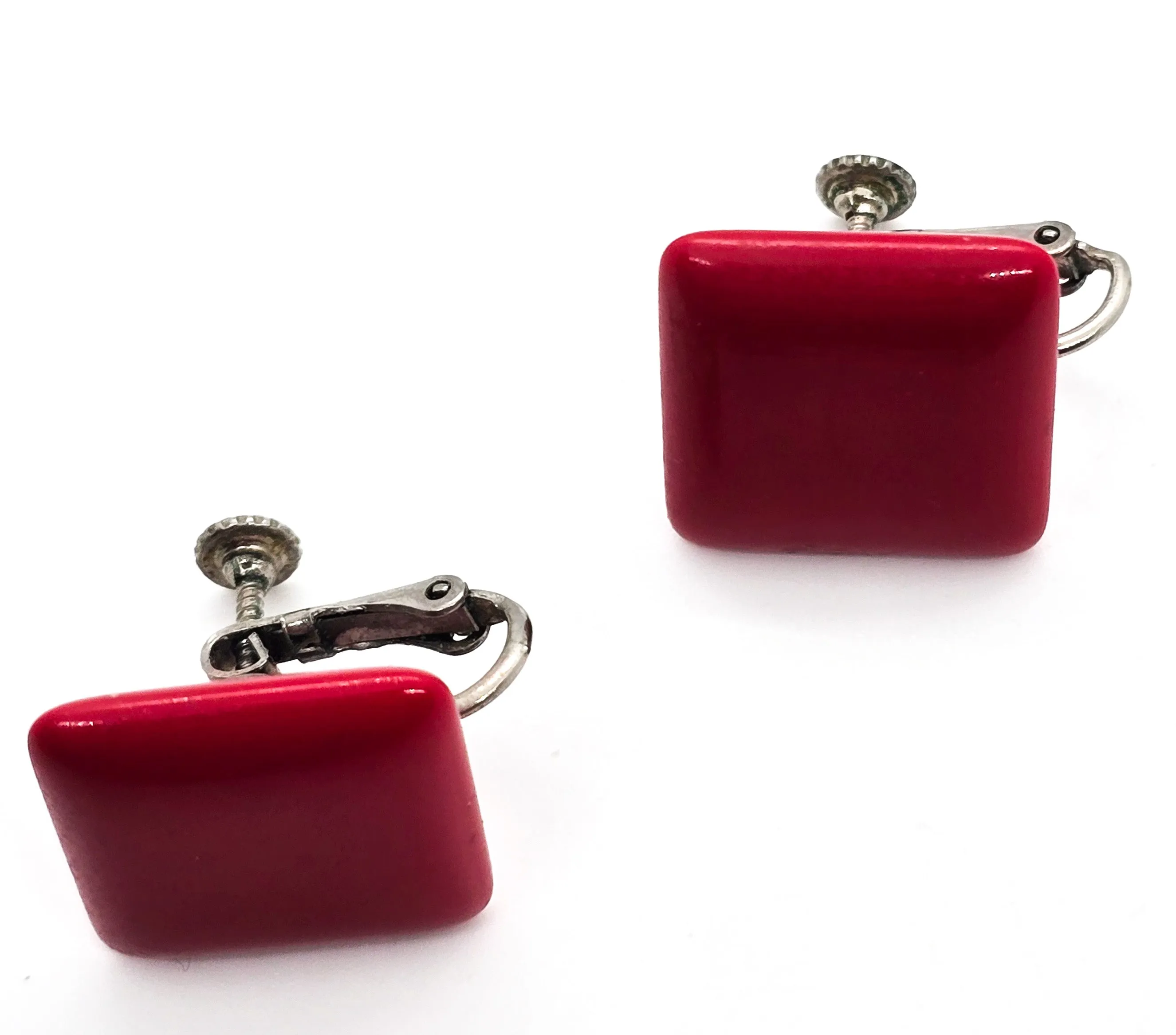 Cherry Red bright lucite retro 1960's vintage adjustable clip on earrings