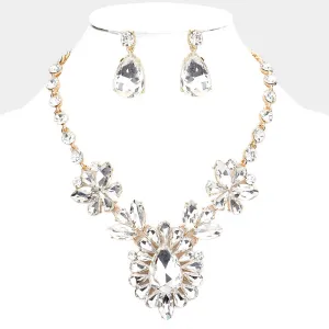 Clear Crystal Teardrop Stone Cluster Pageant Necklace on Gold | Prom Necklace | 552847