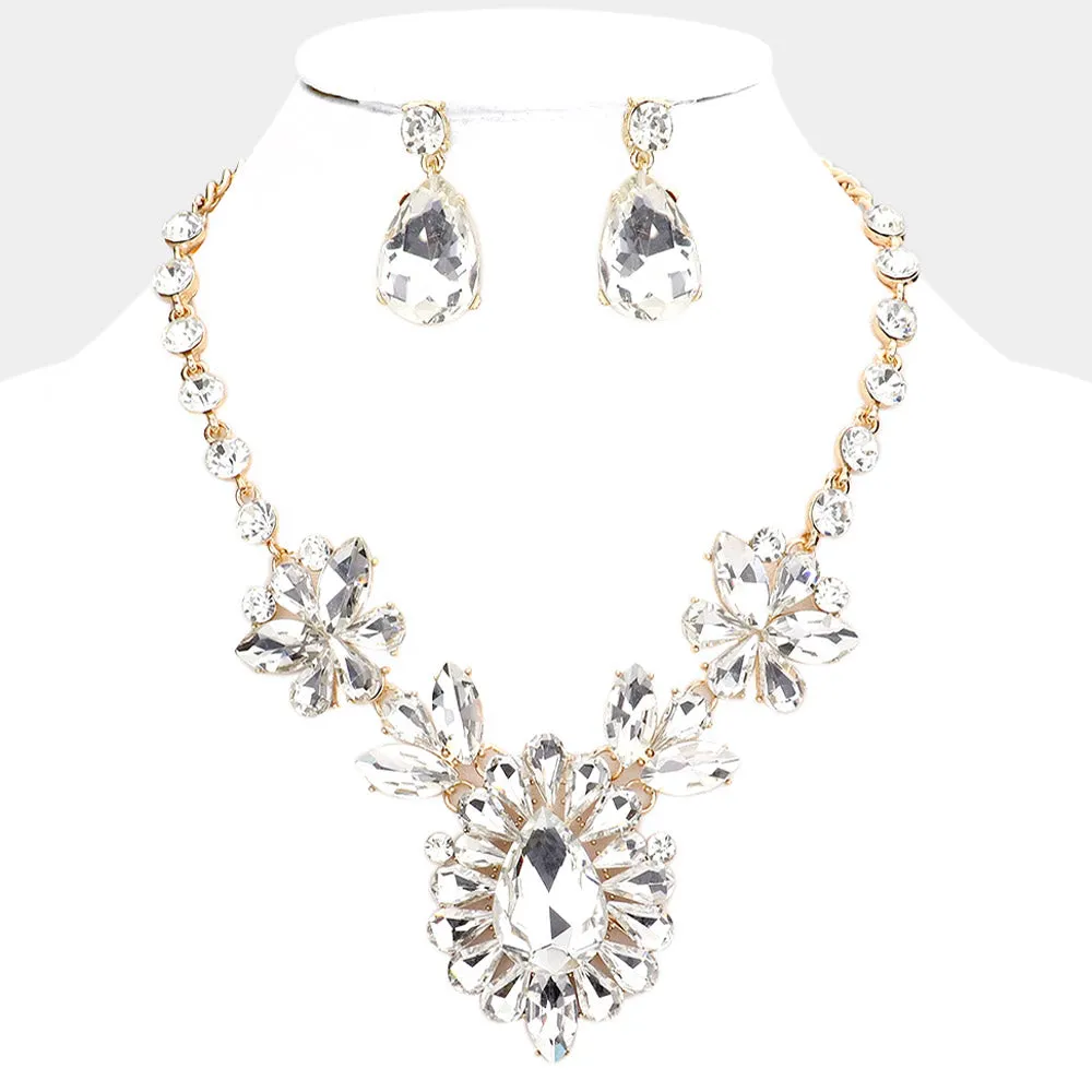 Clear Crystal Teardrop Stone Cluster Pageant Necklace on Gold | Prom Necklace | 552847