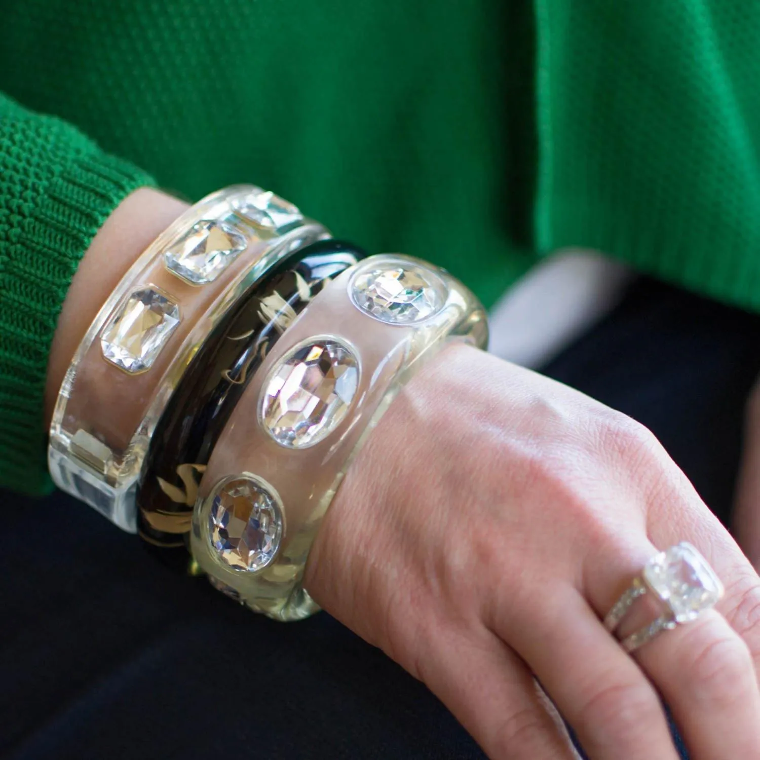 Clear Lucite Bangle Bracelet with Bezel Set Rhinestones