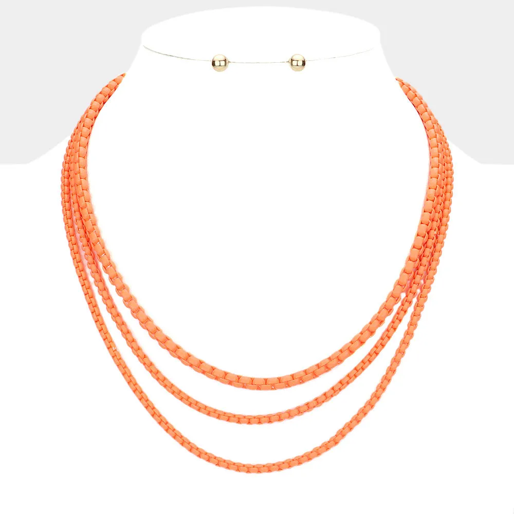 Colored Metal Chain Triple Layered Bib Necklace