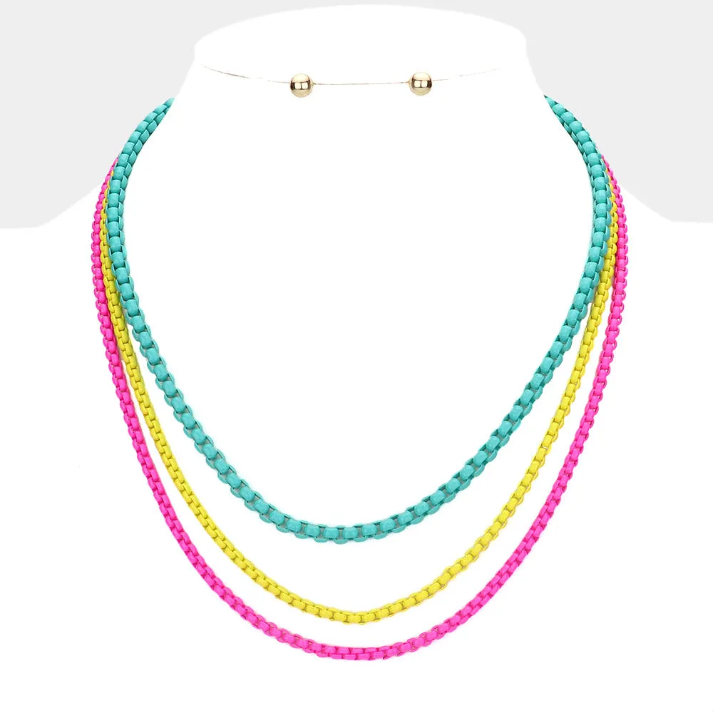 Colored Metal Chain Triple Layered Bib Necklace