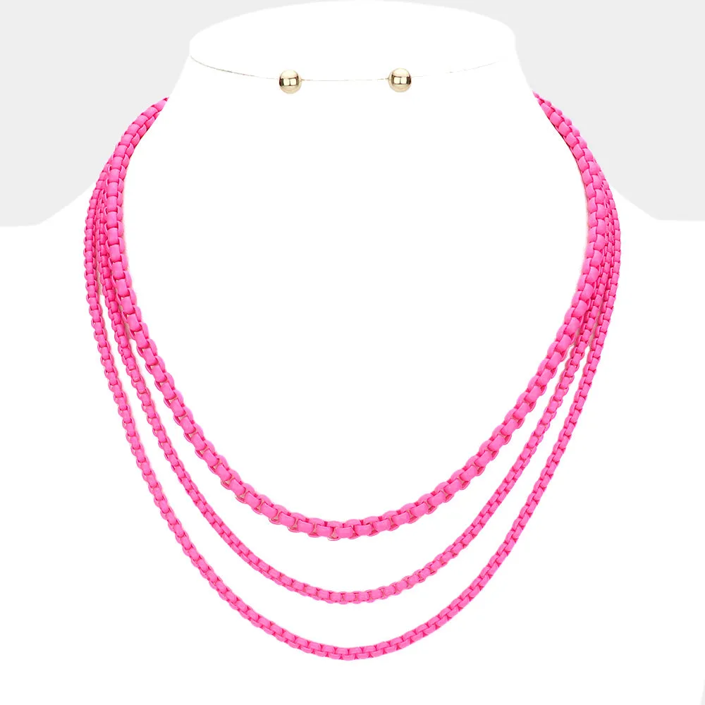 Colored Metal Chain Triple Layered Bib Necklace