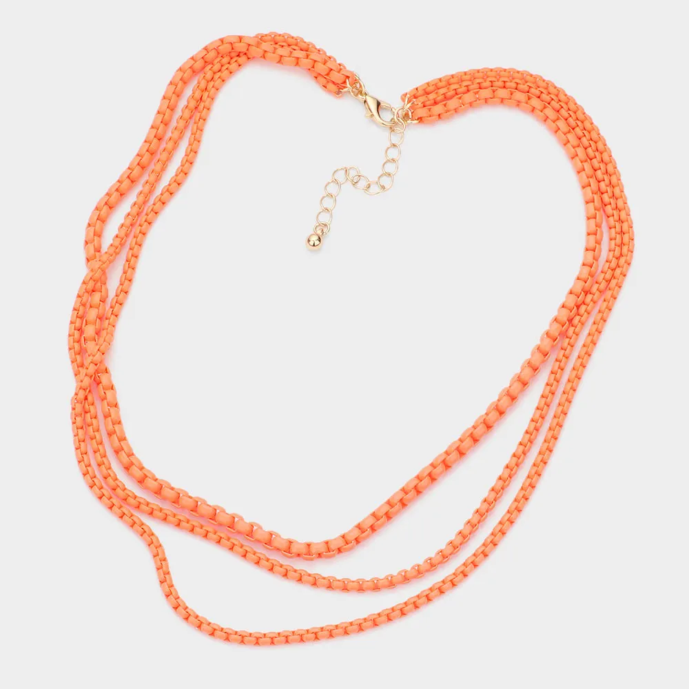 Colored Metal Chain Triple Layered Bib Necklace
