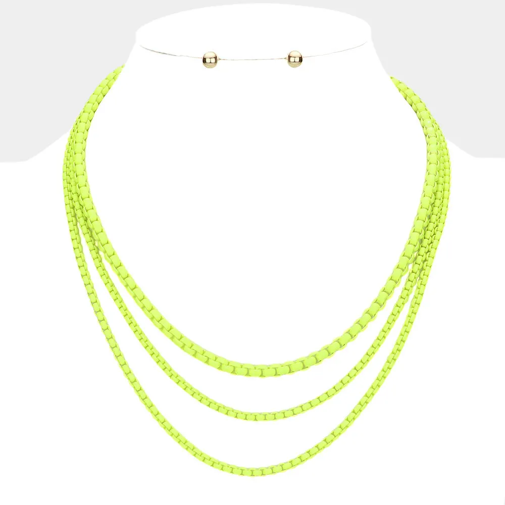 Colored Metal Chain Triple Layered Bib Necklace