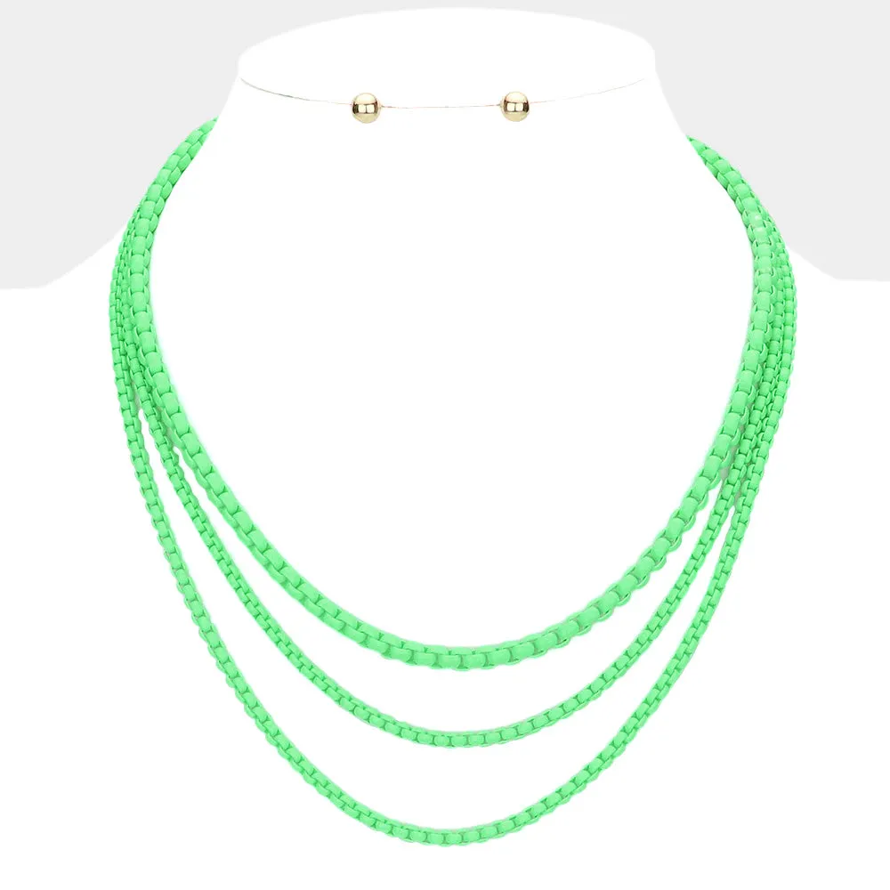 Colored Metal Chain Triple Layered Bib Necklace