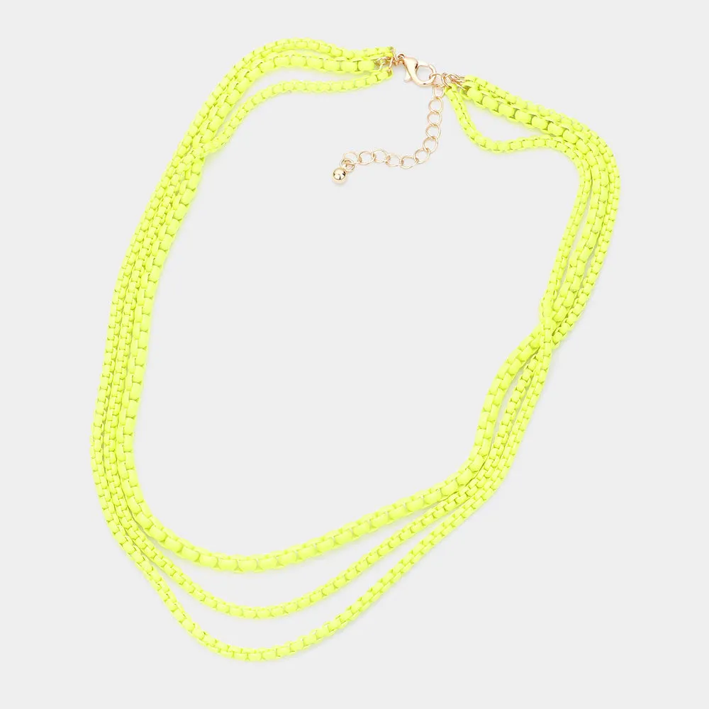 Colored Metal Chain Triple Layered Bib Necklace