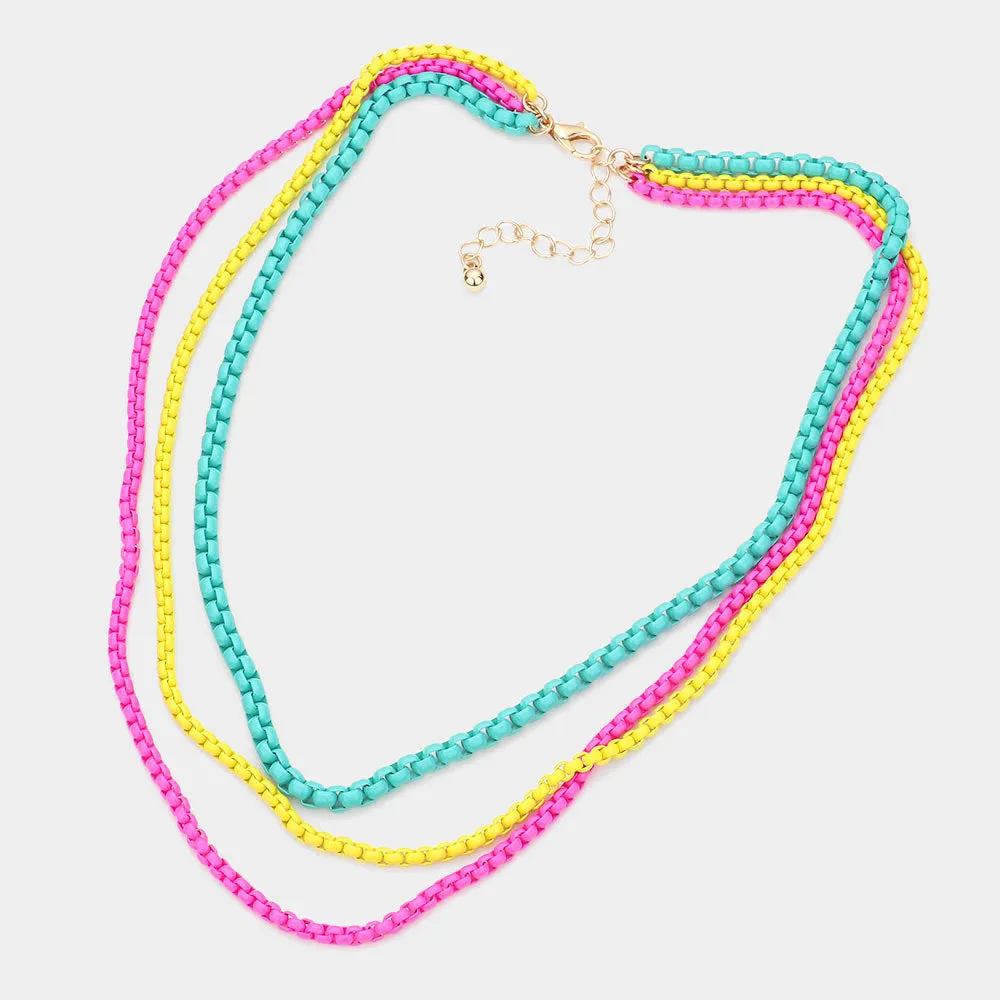 Colored Metal Chain Triple Layered Bib Necklace