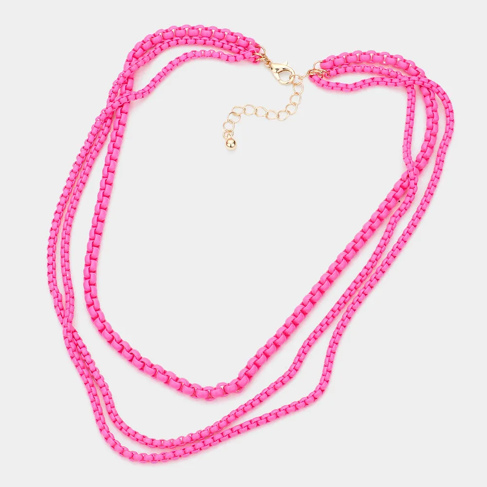 Colored Metal Chain Triple Layered Bib Necklace
