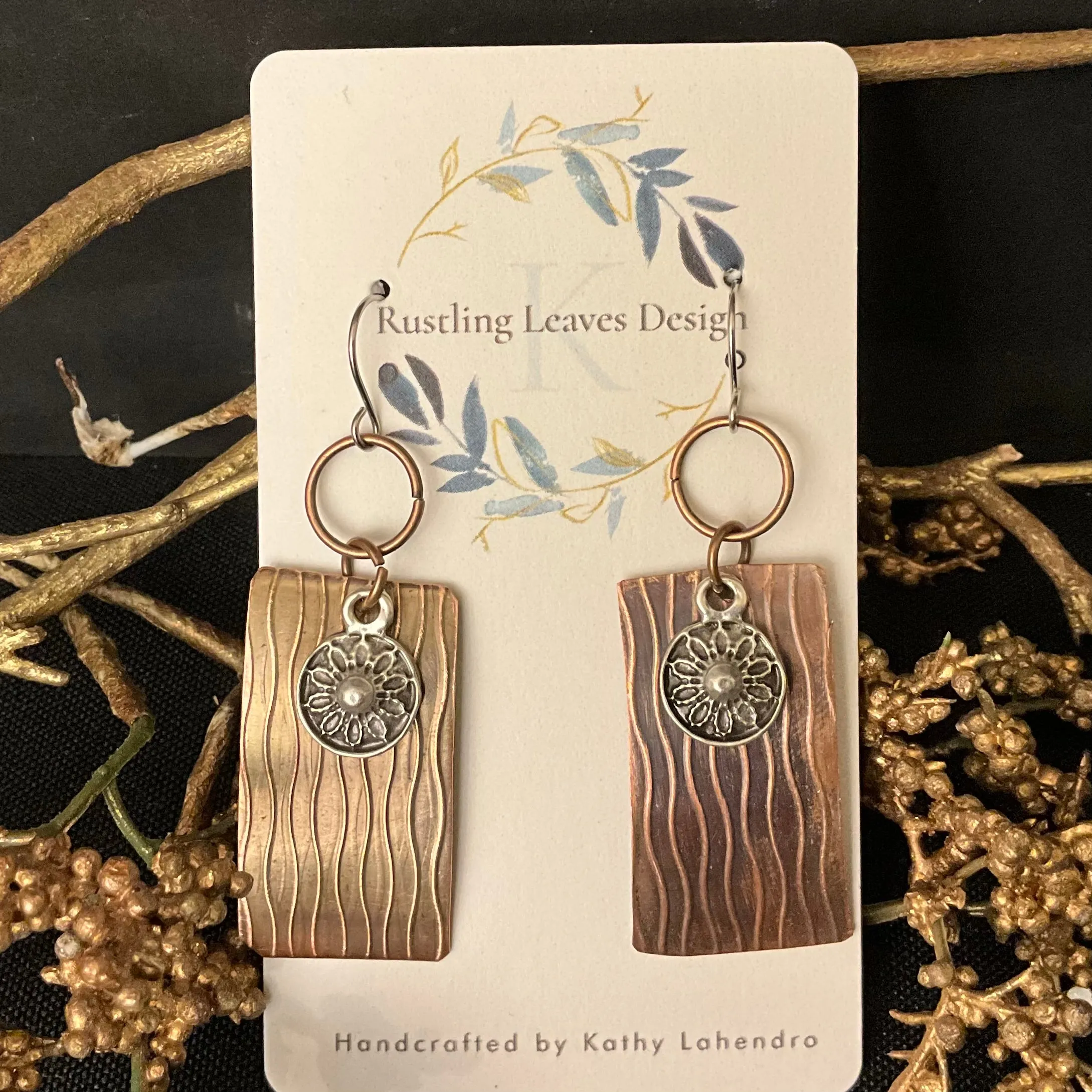 Copper Rectangle Earrings w Pewter Disc Overlay
