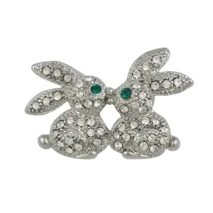 Crystal Kissing Easter Bunnies Brooch Pin in Silver - PRA012