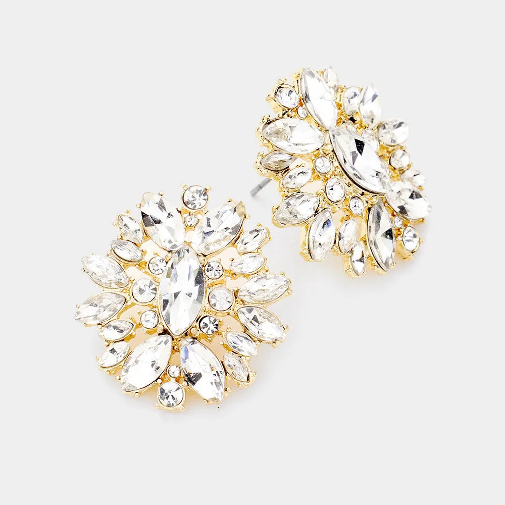 Crystal Round and Marquise Stone Stud Earrings on Gold | Interview Earrings | 489942