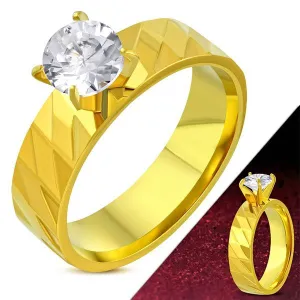 'Dazzling Diamond' Sculpted Gold-Tone Ring with Large CZ Stone (#c481)
