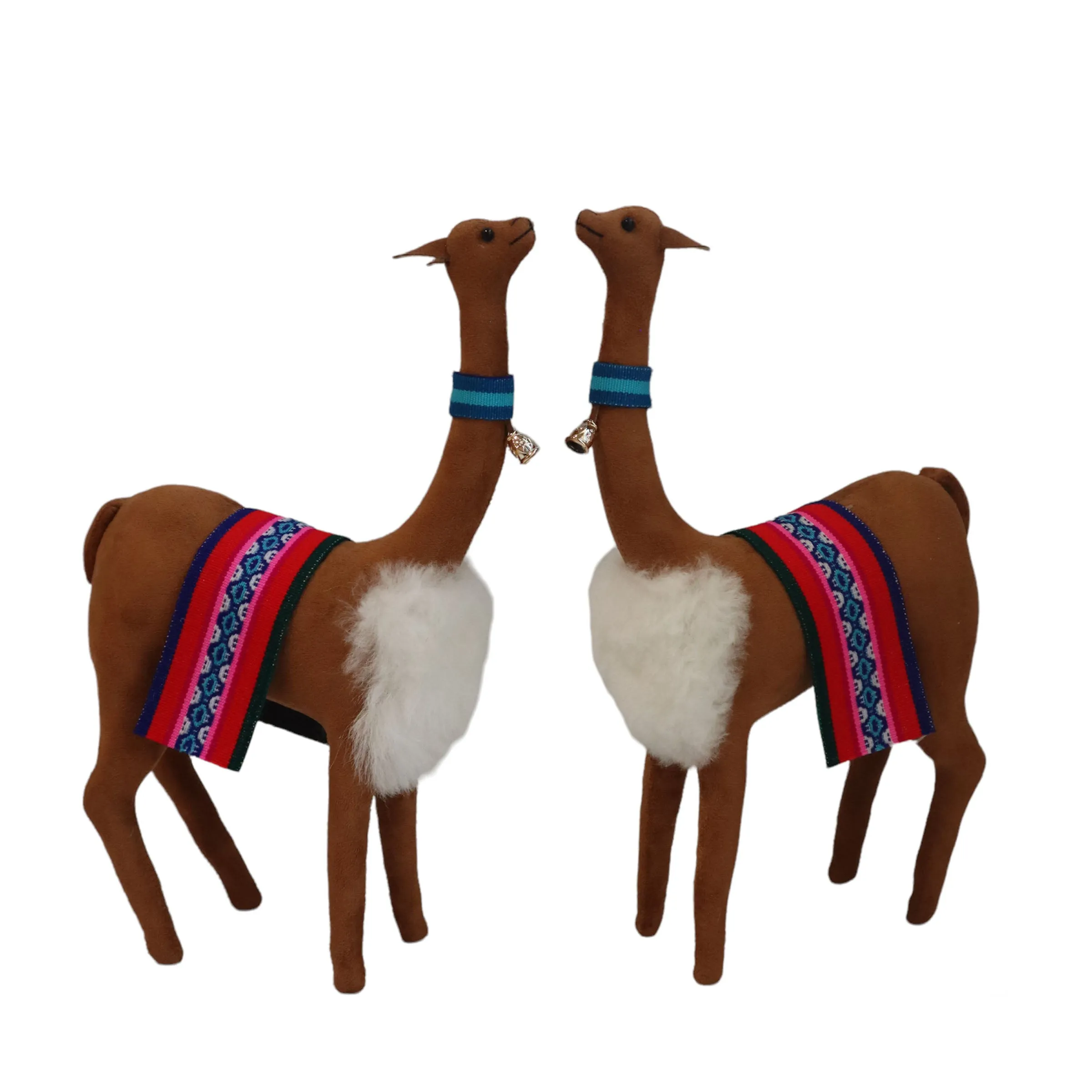 Decorative Vicuñas Vicunas Figurines. Plush Stuffed Animal Soft Suede Camel Color (C) Peruvian Folk Art. 12.75" Tall Set of 2