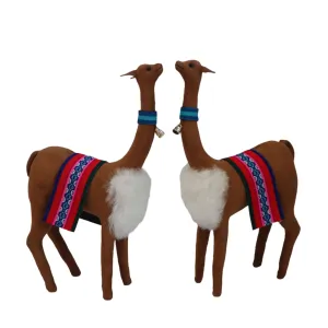 Decorative Vicuñas Vicunas Figurines. Plush Stuffed Animal Soft Suede Camel Color (C) Peruvian Folk Art. 12.75" Tall Set of 2