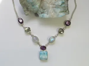 Delicate Larimar Necklace 1 with Moonstone and Purple and Green Amethyst