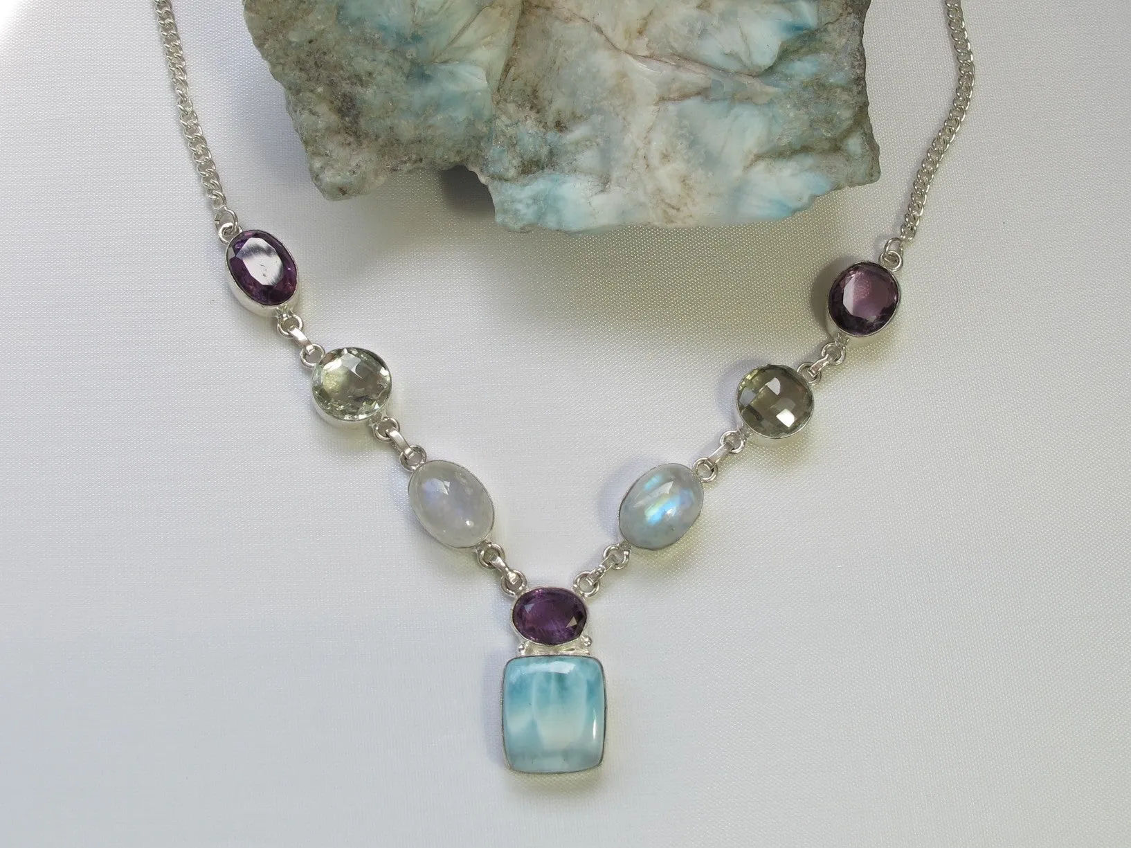 Delicate Larimar Necklace 1 with Moonstone and Purple and Green Amethyst