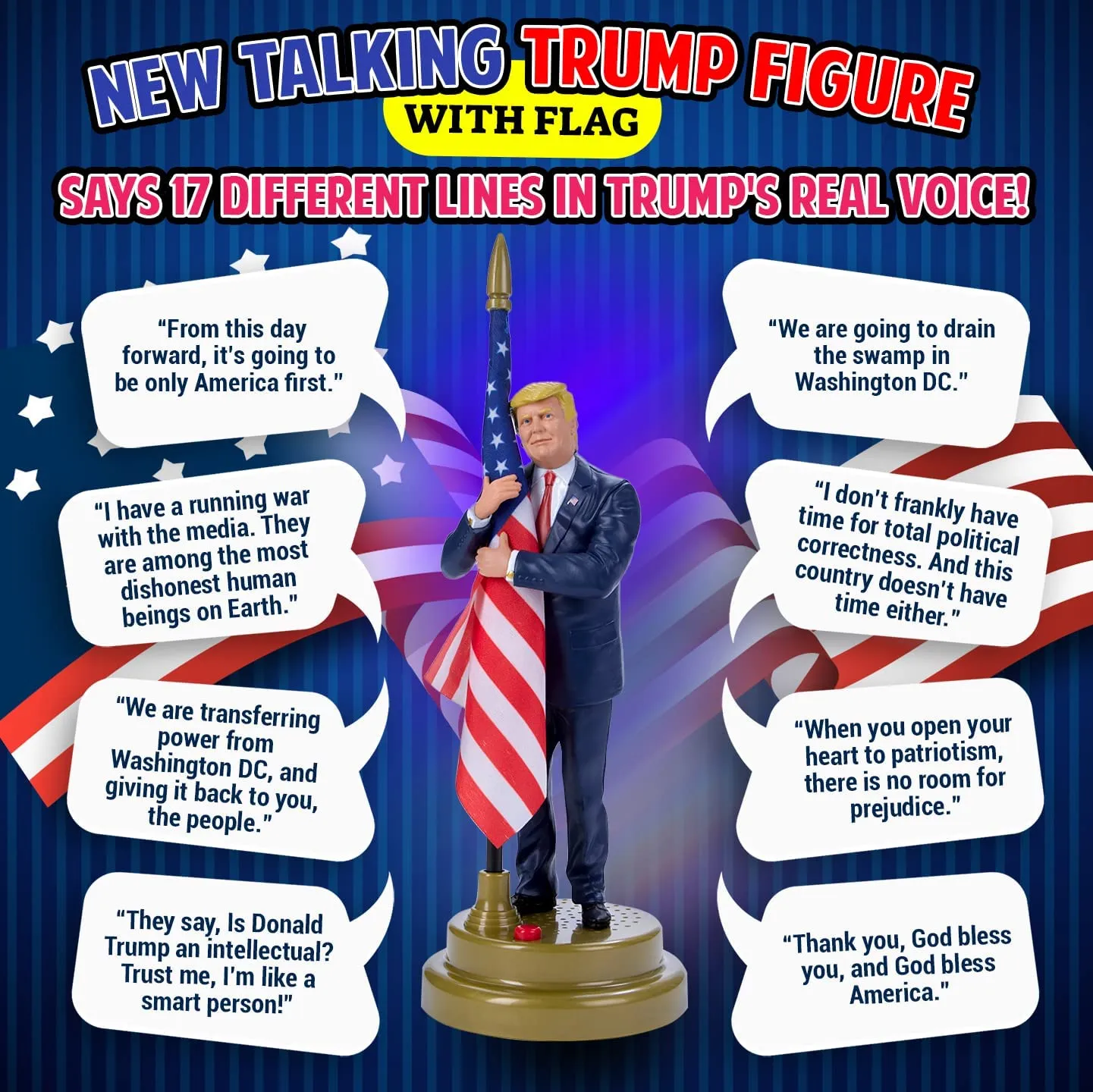 Donald Trump Talking Doll with Flag -17 Different Audio Lines in Trump's Voice