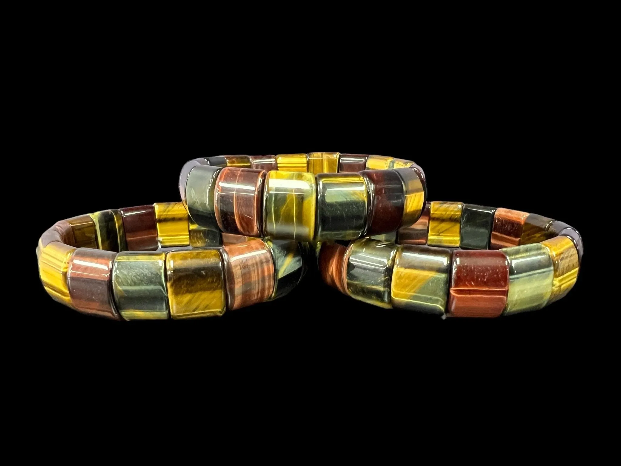 Double Drilled Malachite, Rainbow Moonstone, Terahertz, or Multi-Color Tiger's Eye Crystal Beaded Stretch Bracelet