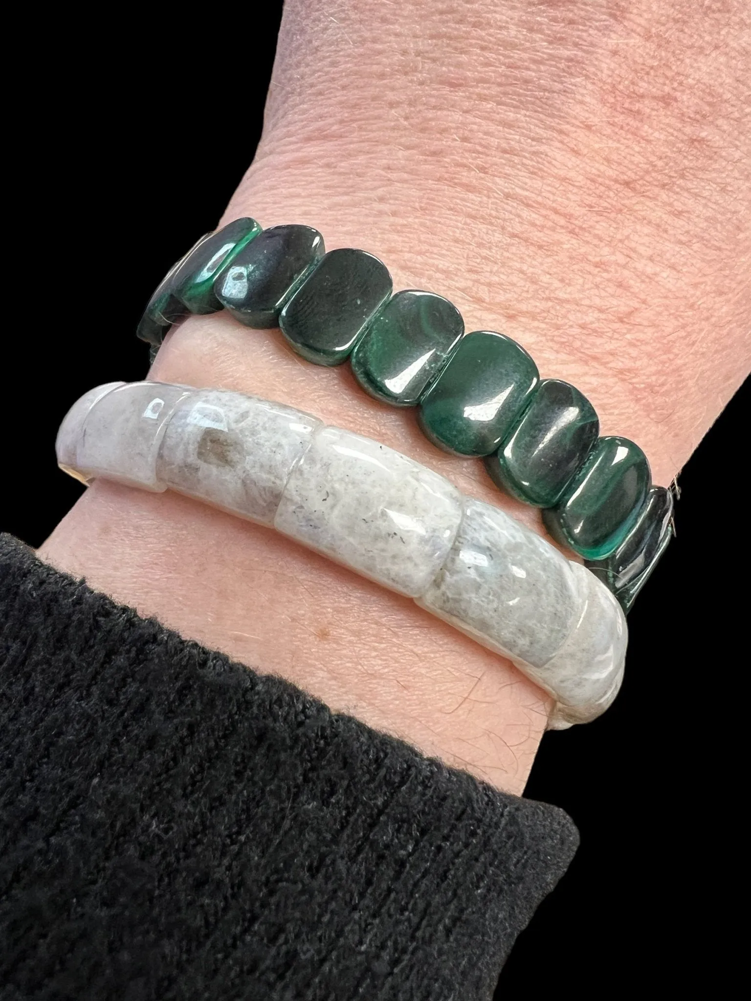 Double Drilled Malachite, Rainbow Moonstone, Terahertz, or Multi-Color Tiger's Eye Crystal Beaded Stretch Bracelet