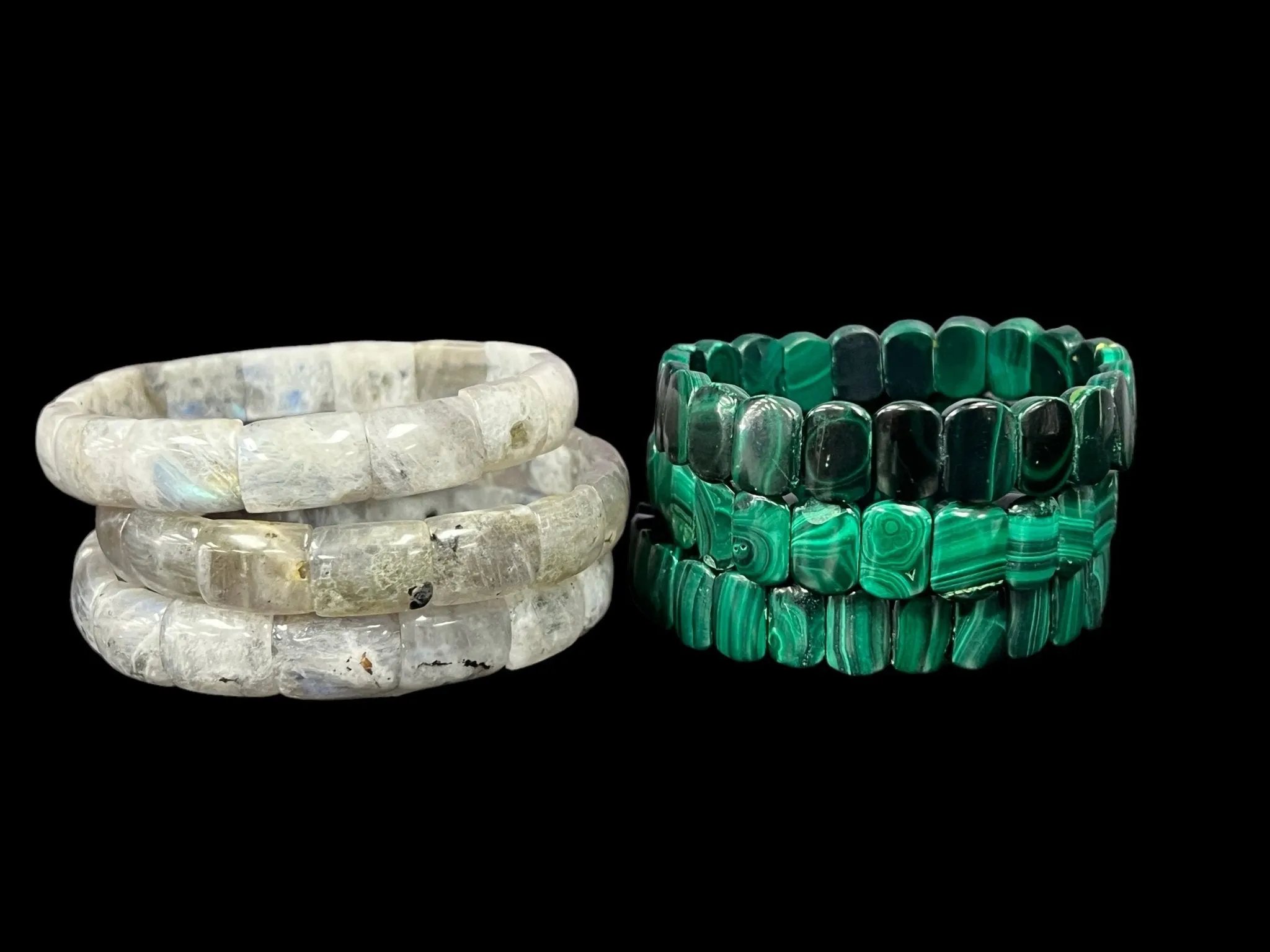 Double Drilled Malachite, Rainbow Moonstone, Terahertz, or Multi-Color Tiger's Eye Crystal Beaded Stretch Bracelet