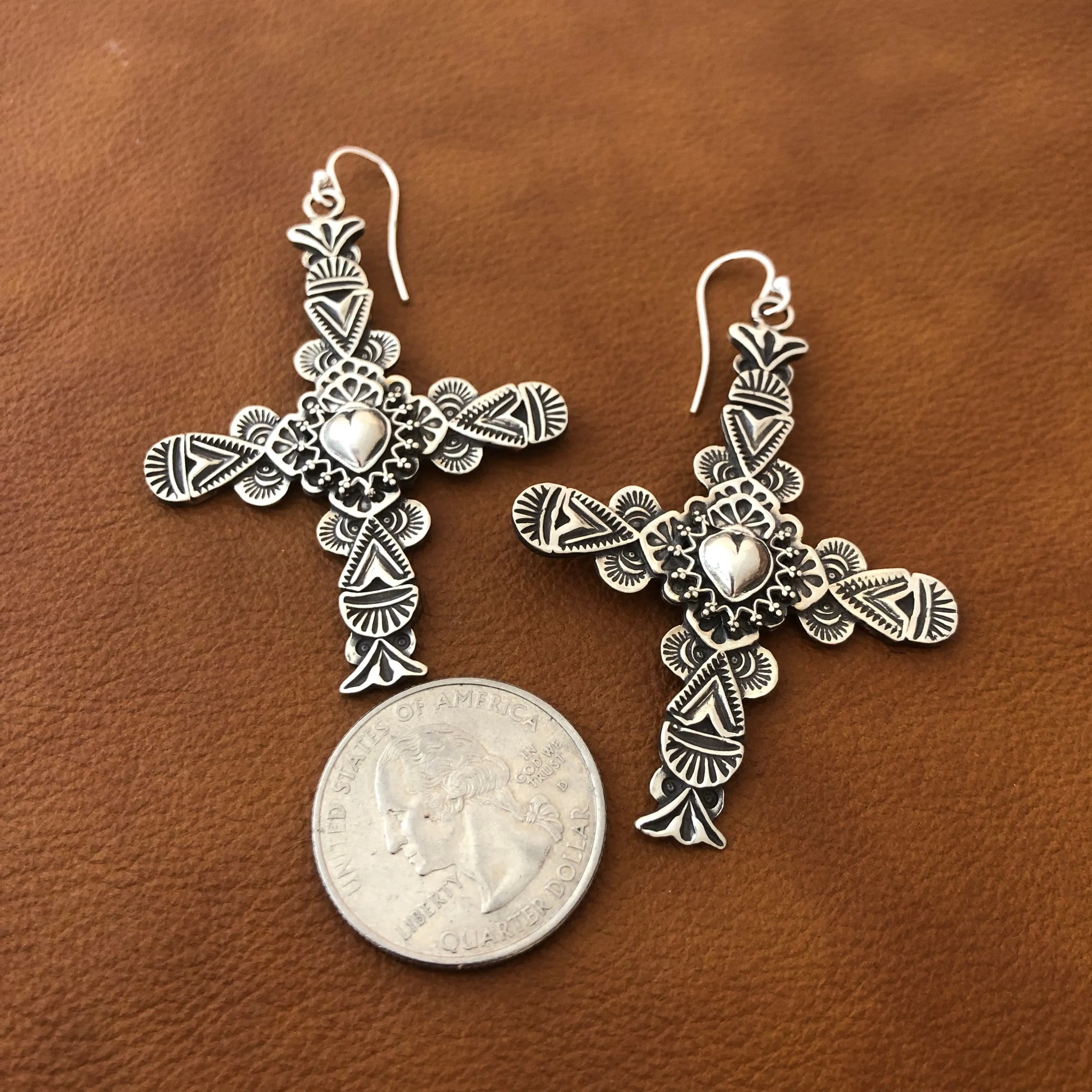 E38C Carmel Cross with Taos Heart Earrings