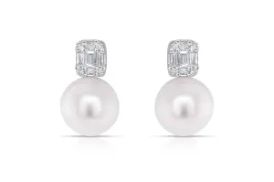 Earrings 18k Gold Pearl and Emerald Illusion Diamonds Studs