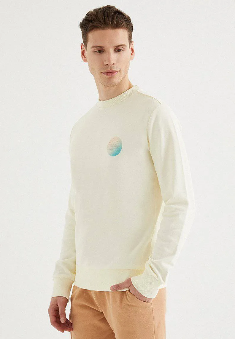 Ekru Ön Arka Baskılı Bisiklet Yaka Pamuklu Regular Fit Erkek Sweatshirt HOT VIBES
