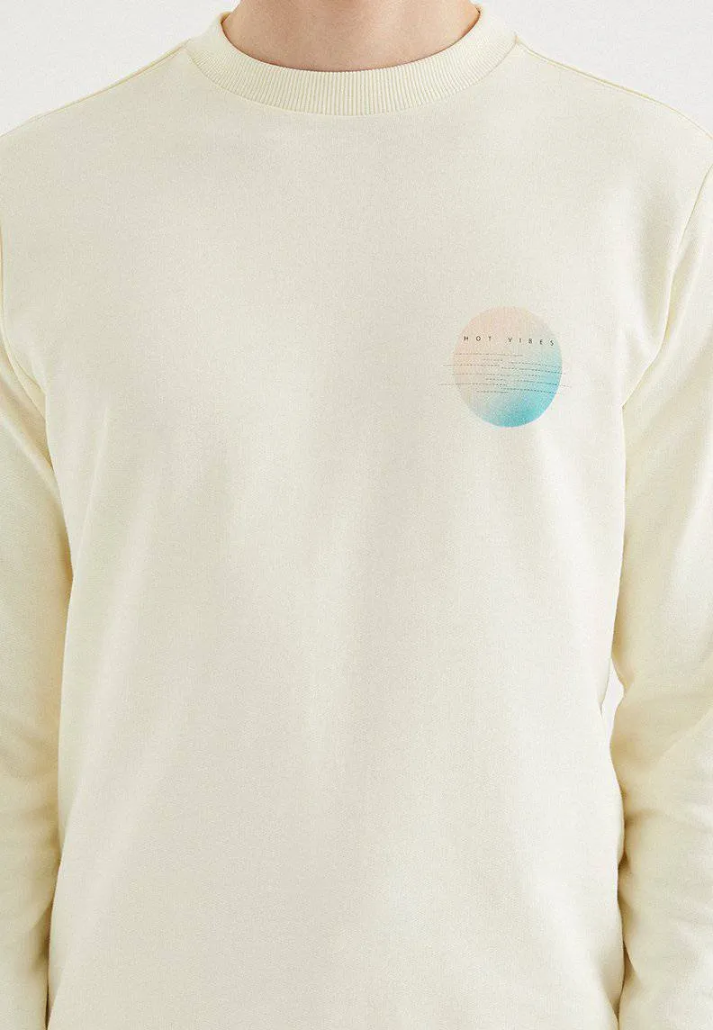 Ekru Ön Arka Baskılı Bisiklet Yaka Pamuklu Regular Fit Erkek Sweatshirt HOT VIBES