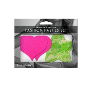 Fantasy Lingerie Neon Pasties 2-Pack Solid Neon Pink Heart & Neon Green Lace Star | Nipple Stickers