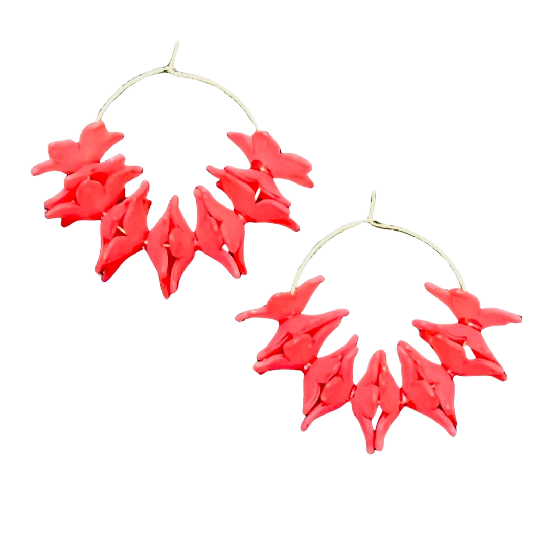 Floral Hoop Earrings Red