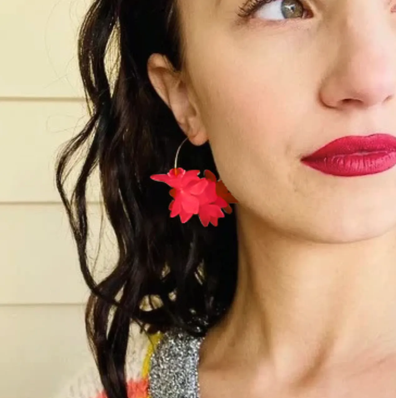 Floral Hoop Earrings Red